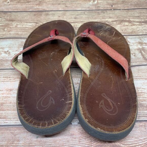 OluKai Pua Brown Red Leather Flat Flip Flop Sandals - Women's Size 8 US / 38 EU - Picture 6 of 10